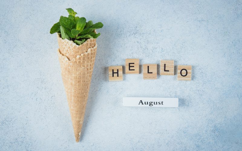 Ice cream waffle cone with mint leaves. Summer card concept. Hello August Top view, flat lay